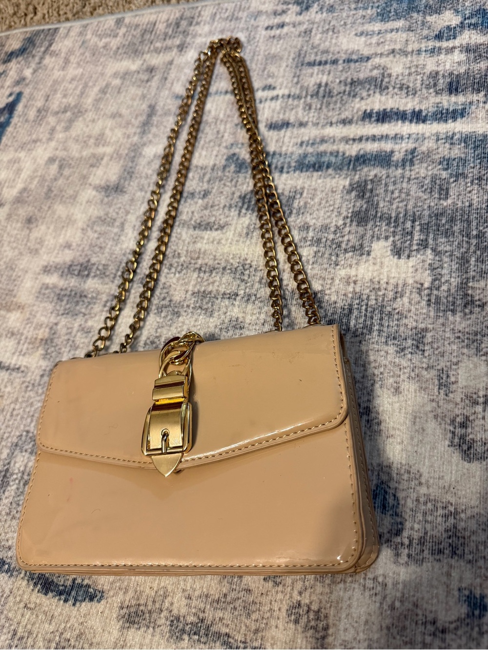 Patent Beige Shoulder Bag with Gold Chain and Buckle Accent